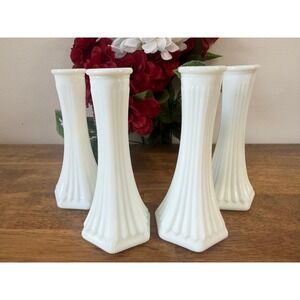 Vintage EO Brody Milk Glass Fluted Pedestal Vase Set MCM Wedding Holiday Decor